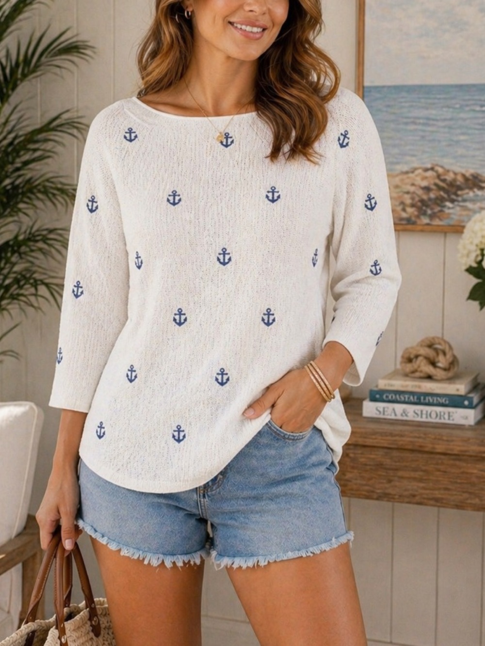 White Navy Anchor Print Knit Top M Boat Neck Coastal Nautical Preppy Luna